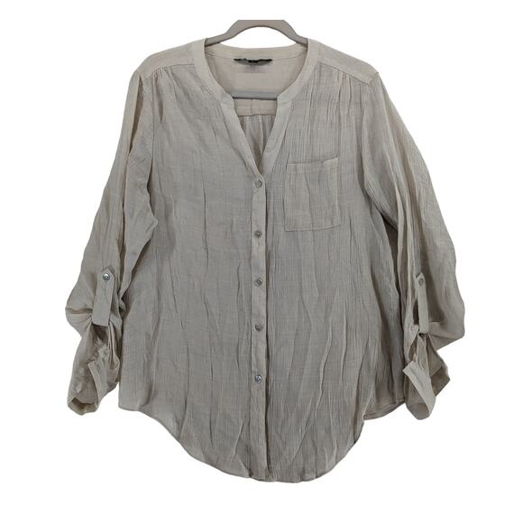 Zac & Rachel Draped Blouse L Cream Split V Neck Roll Tab Sleeve Tunic Button Up - Picture 1 of 9